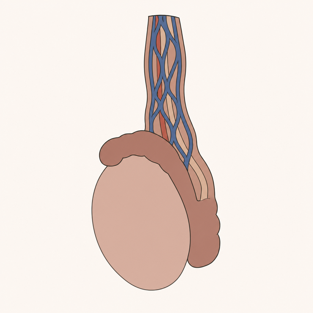 Illustration anatomique du testicule avec épididyme et cordon spermatique, stylisée depuis la référence média